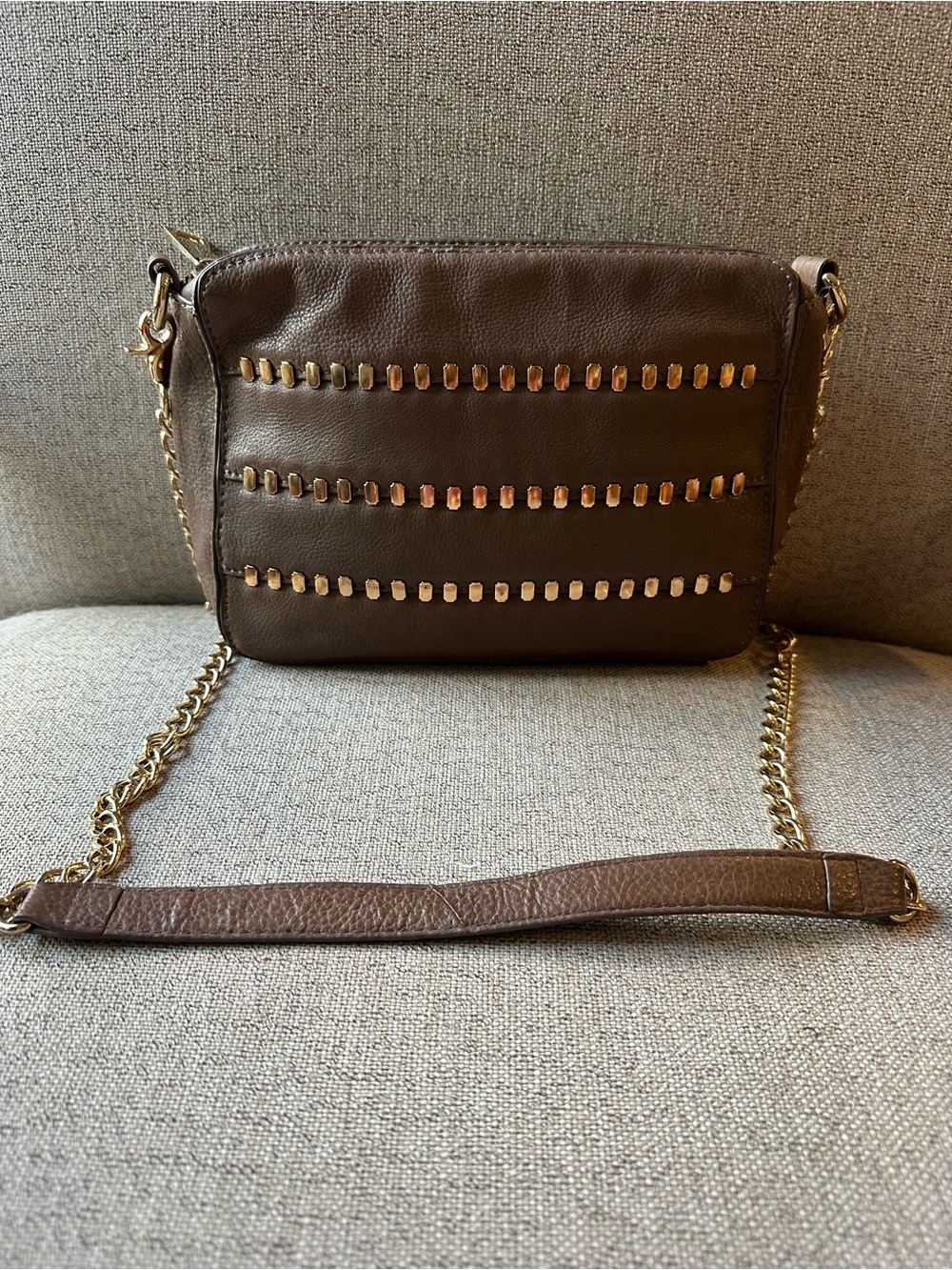 Kelsi Dagger Brown Leather Crossbody Bag with Gold Stud Accents and Chain Strap